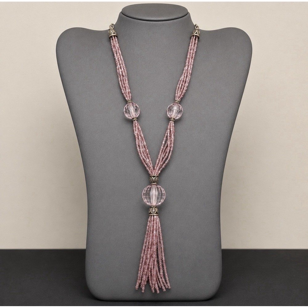 Vintage Lavender Lilac Purple Seed Bead Tassel Statement Necklace Flapper Style